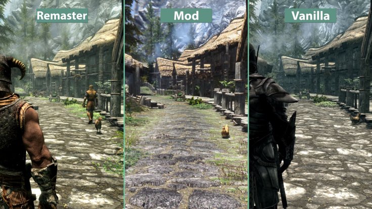 (de izquierda a derecha) Comparativa entre la versión remasterizada de Skyrim, la original con mods y la original de Skyrim