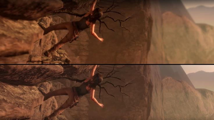 Una imagen comparando Rise of the Tomb Raider, arriba PS4 Pro y abajo Xbox One X