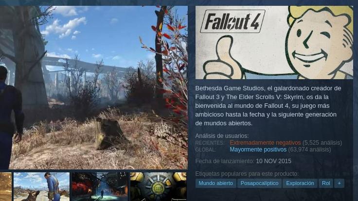 Análisis extremadamente negativos en la página de Fallout 4 de Steam