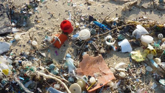 Productos plásticos en la arena de una playa