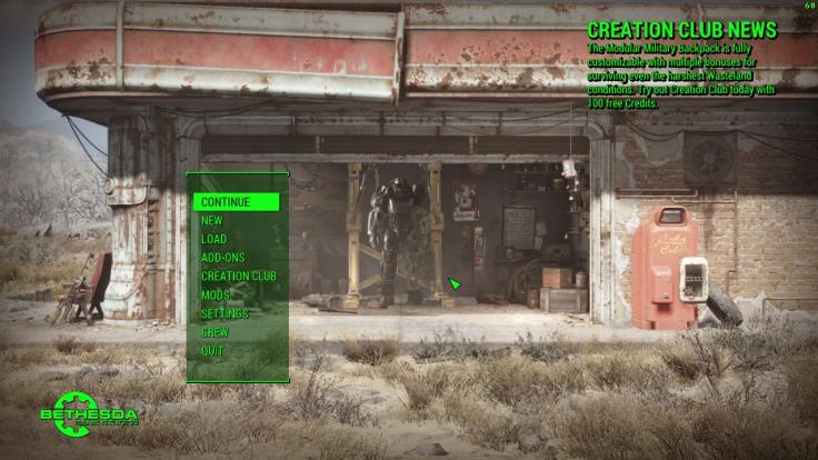 The Fallout 4 menu with the Creation Club News Text